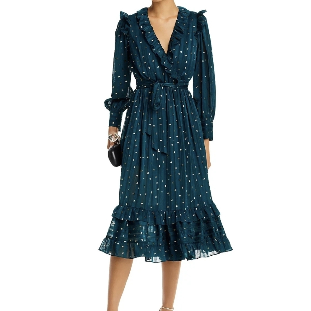 Aqua Ruffle Trim Clip Dot Long Sleeve Midi Wrap Dress, Teal Green & Gold, XS